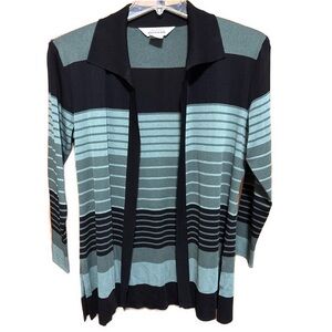 Women’s Vintage Misook Medium Black and Sage & Grey-Green Striped Cardigan